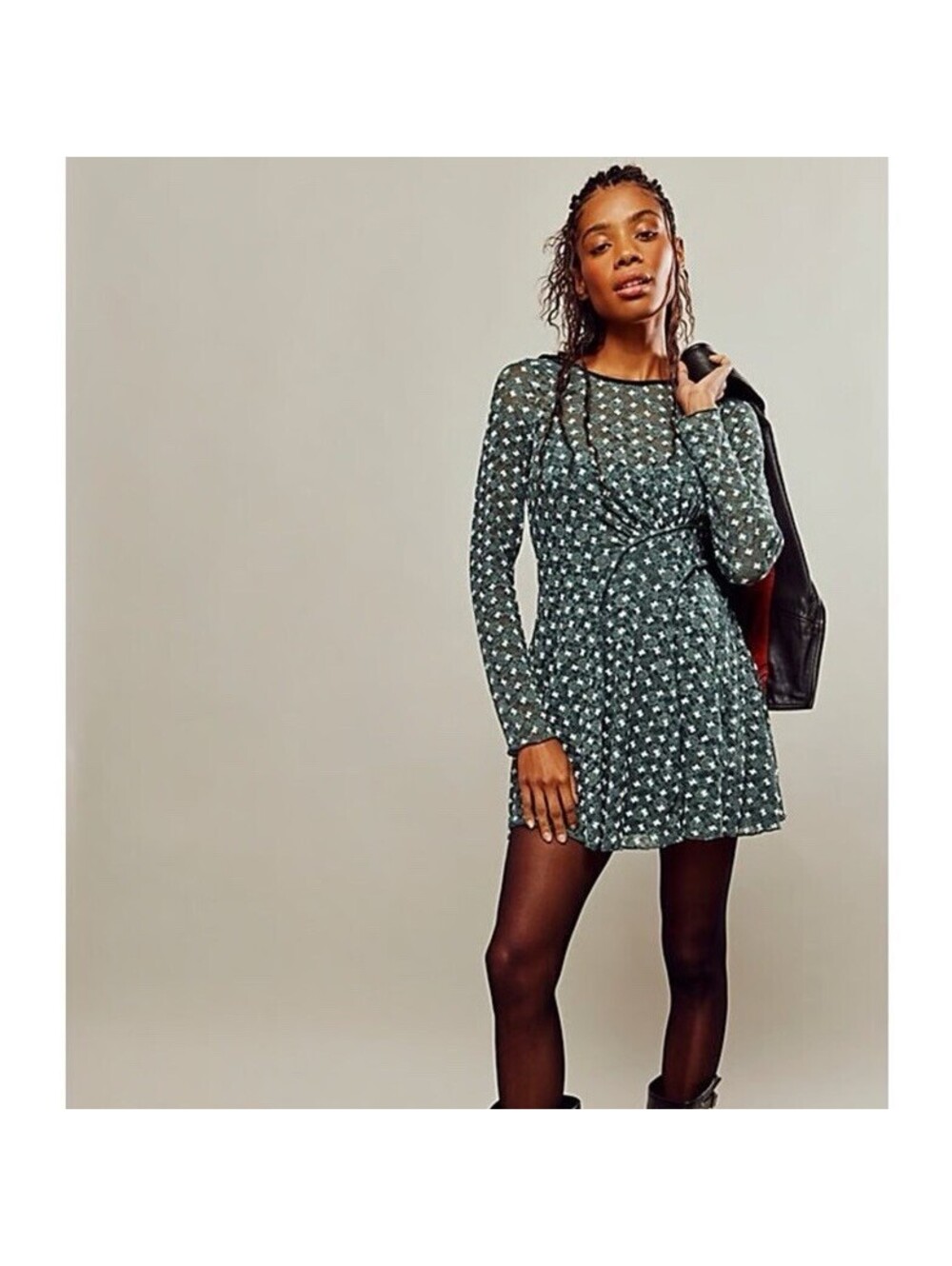 NWT Free People Sheer Delight Green Mini Dress Lace Open Back Size M Velvet Trim